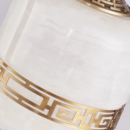 Traditional Chinese Brass Jade Marble Round Cylinder Carved Bird Flower 1-Light Pendant Light For Bedside