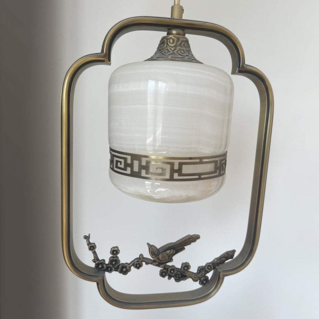 Traditional Chinese Brass Jade Marble Round Cylinder Carved Bird Flower 1-Light Pendant Light For Bedside