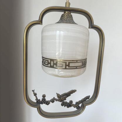 Traditional Chinese Brass Jade Marble Round Cylinder Carved Bird Flower 1-Light Pendant Light For Bedside