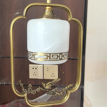 Traditional Chinese Brass Jade Marble Round Cylinder Carved Bird Flower 1-Light Pendant Light For Bedside