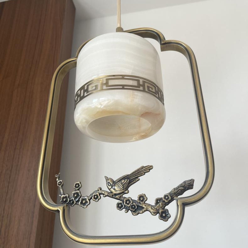 Traditional Chinese Brass Jade Marble Round Cylinder Carved Bird Flower 1-Light Pendant Light For Bedside