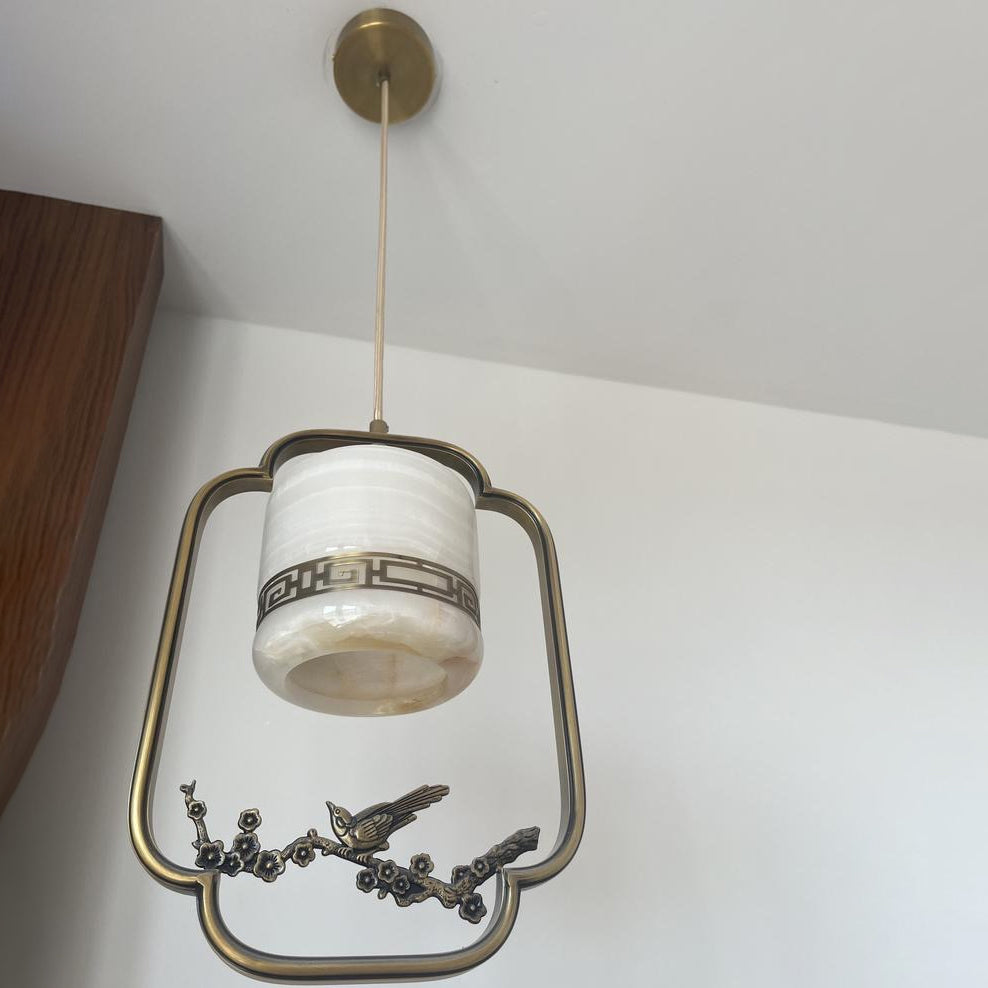 Traditional Chinese Brass Jade Marble Round Cylinder Carved Bird Flower 1-Light Pendant Light For Bedside