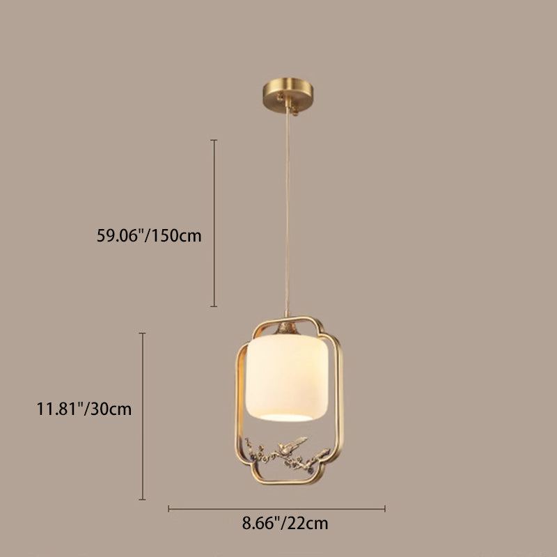 Traditional Chinese Brass Jade Marble Round Cylinder Carved Bird Flower 1-Light Pendant Light For Bedside