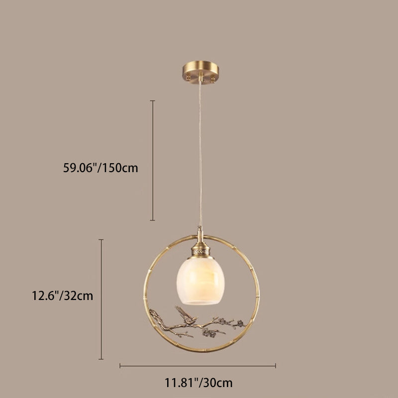 Traditional Chinese Brass Jade Marble Round Cylinder Carved Bird Flower 1-Light Pendant Light For Bedside