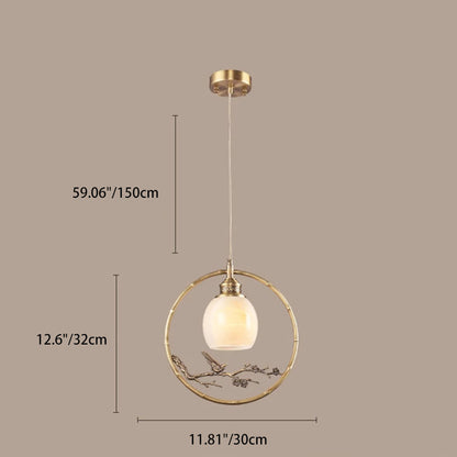 Traditional Chinese Brass Jade Marble Round Cylinder Carved Bird Flower 1-Light Pendant Light For Bedside