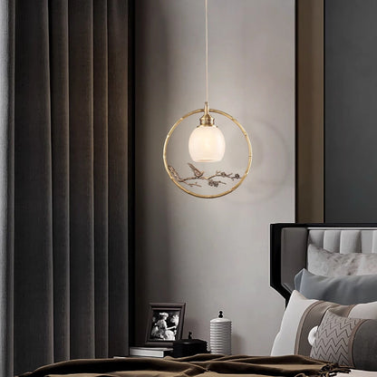 Traditional Chinese Brass Jade Marble Round Cylinder Carved Bird Flower 1-Light Pendant Light For Bedside