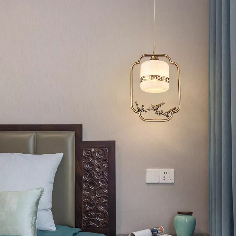 Traditional Chinese Brass Jade Marble Round Cylinder Carved Bird Flower 1-Light Pendant Light For Bedside