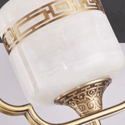 Traditional Chinese Brass Jade Marble Round Cylinder Carved Bird Flower 1-Light Pendant Light For Bedside