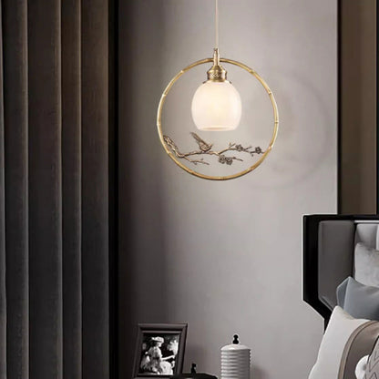 Traditional Chinese Brass Jade Marble Round Cylinder Carved Bird Flower 1-Light Pendant Light For Bedside