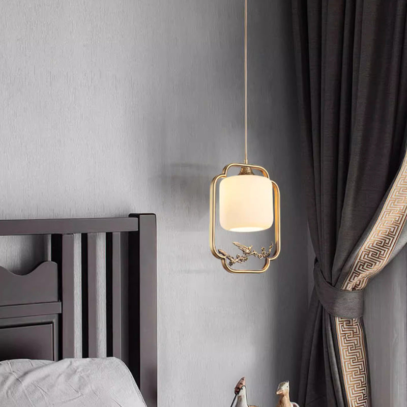 Traditional Chinese Brass Jade Marble Round Cylinder Carved Bird Flower 1-Light Pendant Light For Bedside