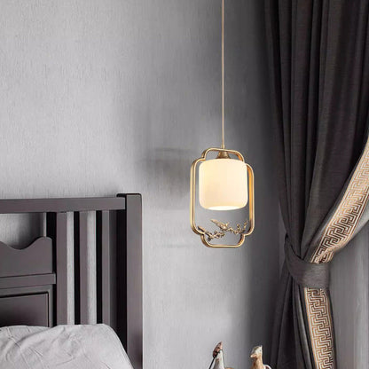 Traditional Chinese Brass Jade Marble Round Cylinder Carved Bird Flower 1-Light Pendant Light For Bedside