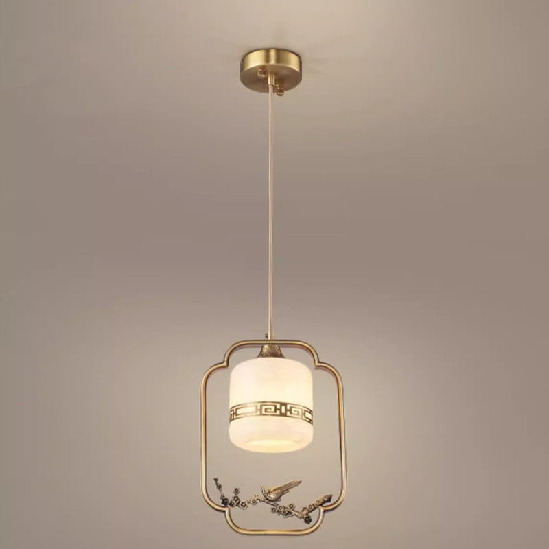 Traditional Chinese Brass Jade Marble Round Cylinder Carved Bird Flower 1-Light Pendant Light For Bedside