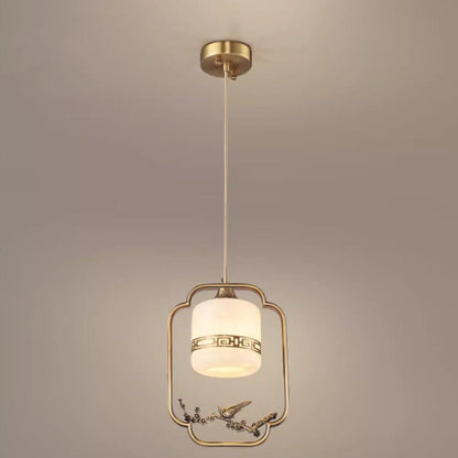 Traditional Chinese Brass Jade Marble Round Cylinder Carved Bird Flower 1-Light Pendant Light For Bedside