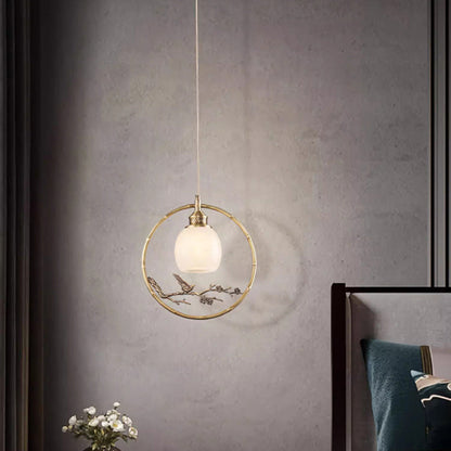 Traditional Chinese Brass Jade Marble Round Cylinder Carved Bird Flower 1-Light Pendant Light For Bedside