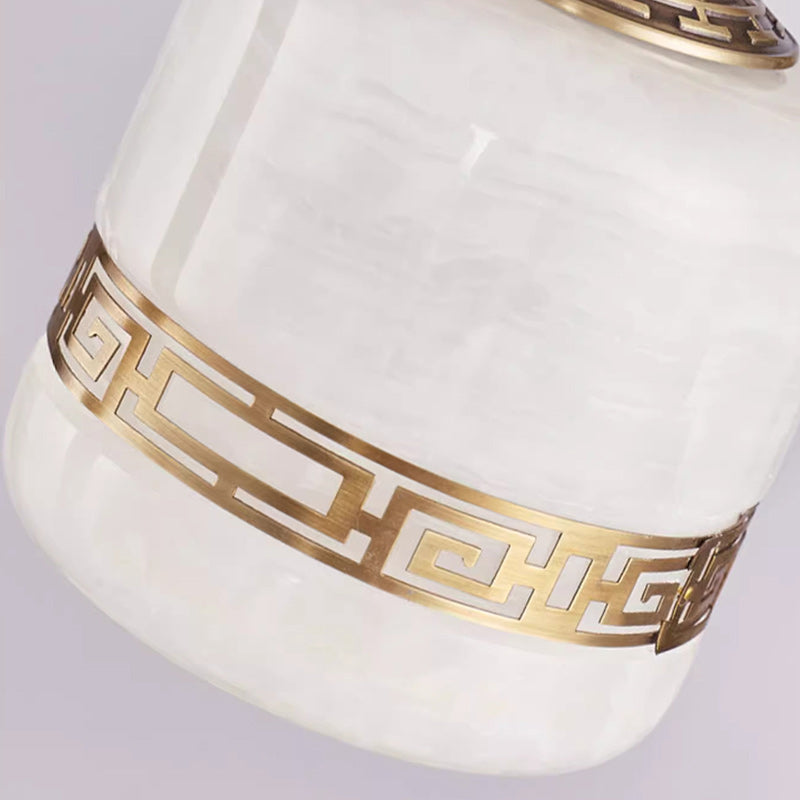 Traditional Chinese Brass Jade Marble Round Cylinder Carved Bird Flower 1-Light Pendant Light For Bedside