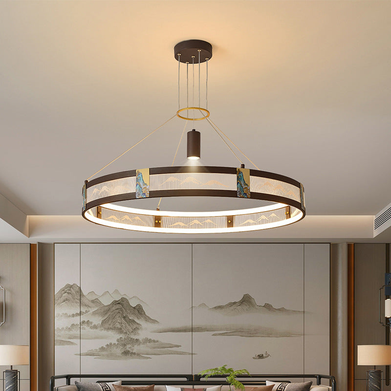الثريات LED التقليدية الصينية المصنوعة من الحديد الأكريليكي والفولاذ المقاوم للصدأ والمطلية بالمينا المستديرة لغرفة المعيشة 