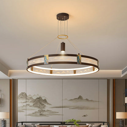 الثريات LED التقليدية الصينية المصنوعة من الحديد الأكريليكي والفولاذ المقاوم للصدأ والمطلية بالمينا المستديرة لغرفة المعيشة 