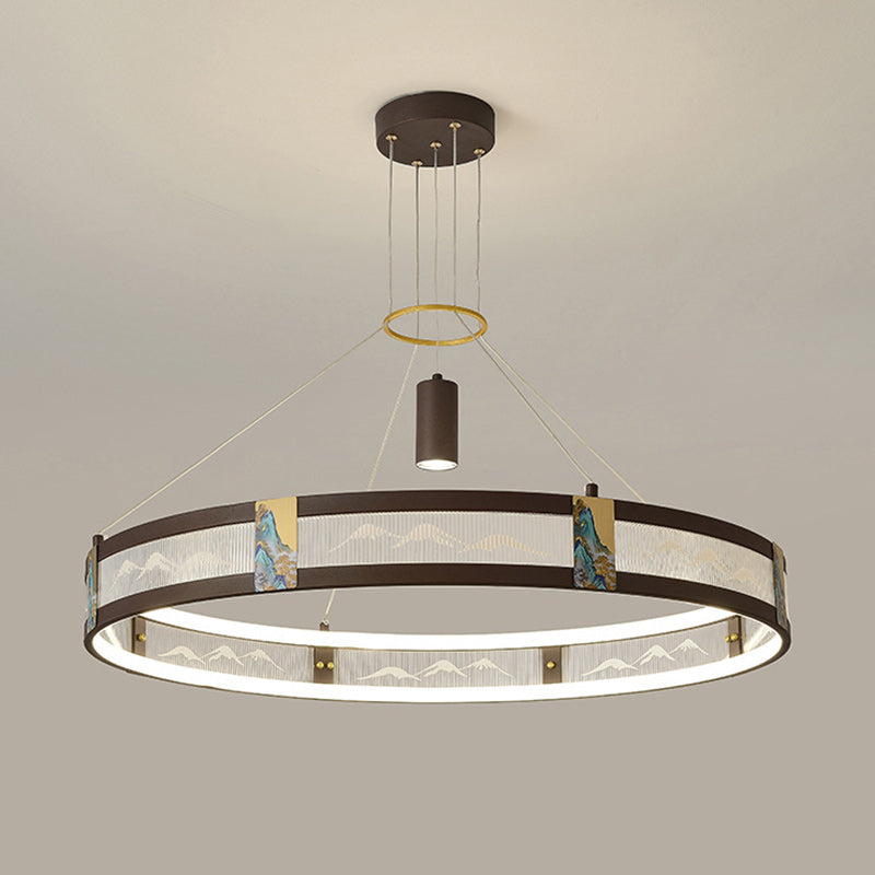 الثريات LED التقليدية الصينية المصنوعة من الحديد الأكريليكي والفولاذ المقاوم للصدأ والمطلية بالمينا المستديرة لغرفة المعيشة 