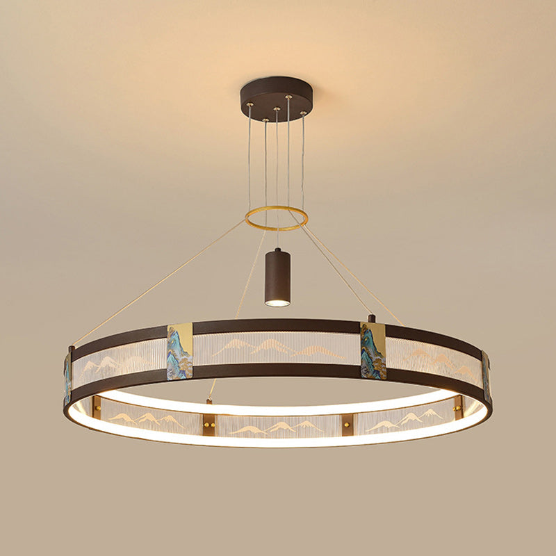 الثريات LED التقليدية الصينية المصنوعة من الحديد الأكريليكي والفولاذ المقاوم للصدأ والمطلية بالمينا المستديرة لغرفة المعيشة 