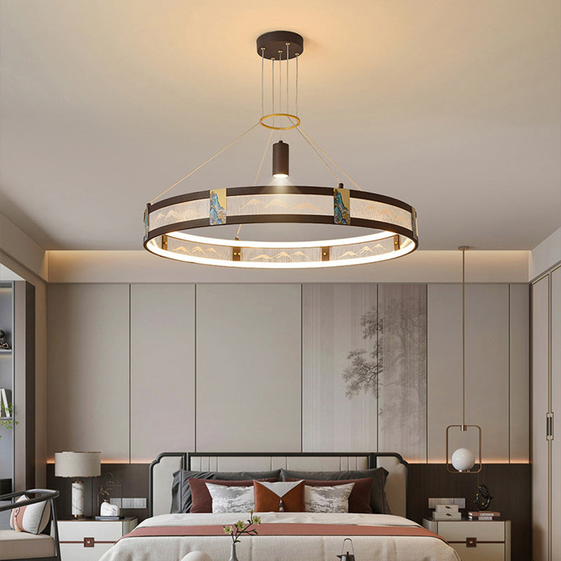 الثريات LED التقليدية الصينية المصنوعة من الحديد الأكريليكي والفولاذ المقاوم للصدأ والمطلية بالمينا المستديرة لغرفة المعيشة 