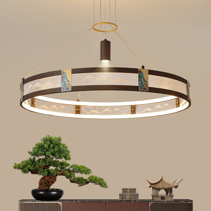 الثريات LED التقليدية الصينية المصنوعة من الحديد الأكريليكي والفولاذ المقاوم للصدأ والمطلية بالمينا المستديرة لغرفة المعيشة 