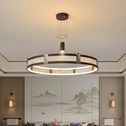 الثريات LED التقليدية الصينية المصنوعة من الحديد الأكريليكي والفولاذ المقاوم للصدأ والمطلية بالمينا المستديرة لغرفة المعيشة 