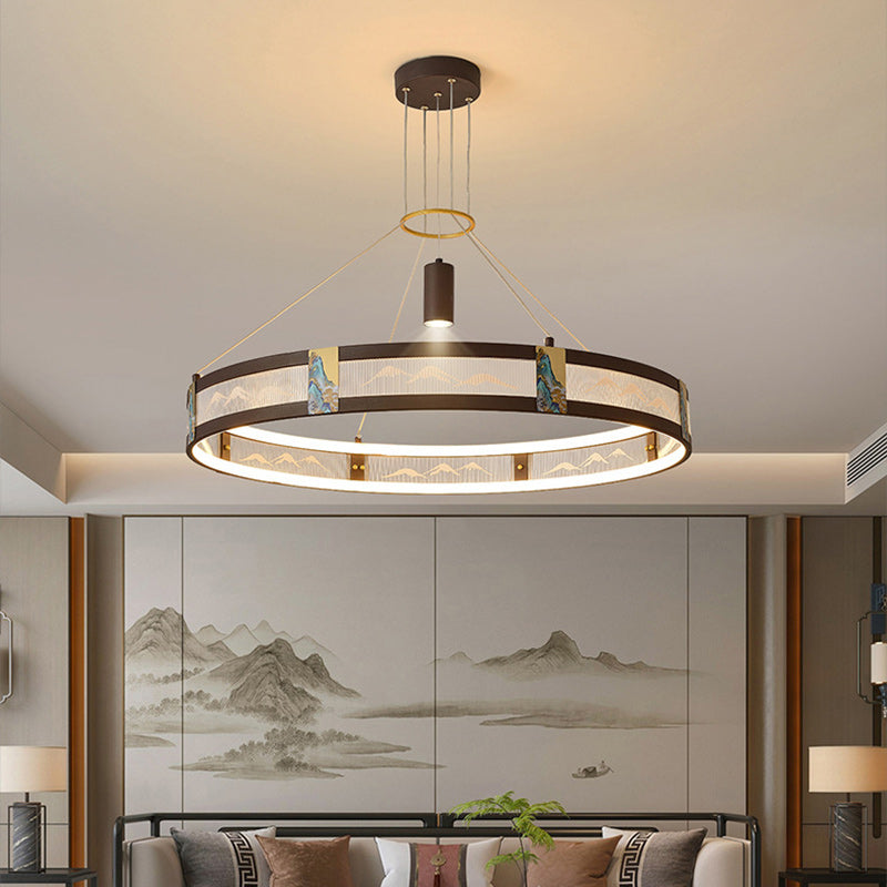 الثريات LED التقليدية الصينية المصنوعة من الحديد الأكريليكي والفولاذ المقاوم للصدأ والمطلية بالمينا المستديرة لغرفة المعيشة 