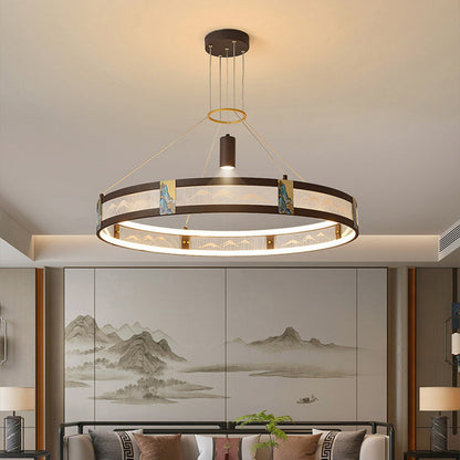 الثريات LED التقليدية الصينية المصنوعة من الحديد الأكريليكي والفولاذ المقاوم للصدأ والمطلية بالمينا المستديرة لغرفة المعيشة 
