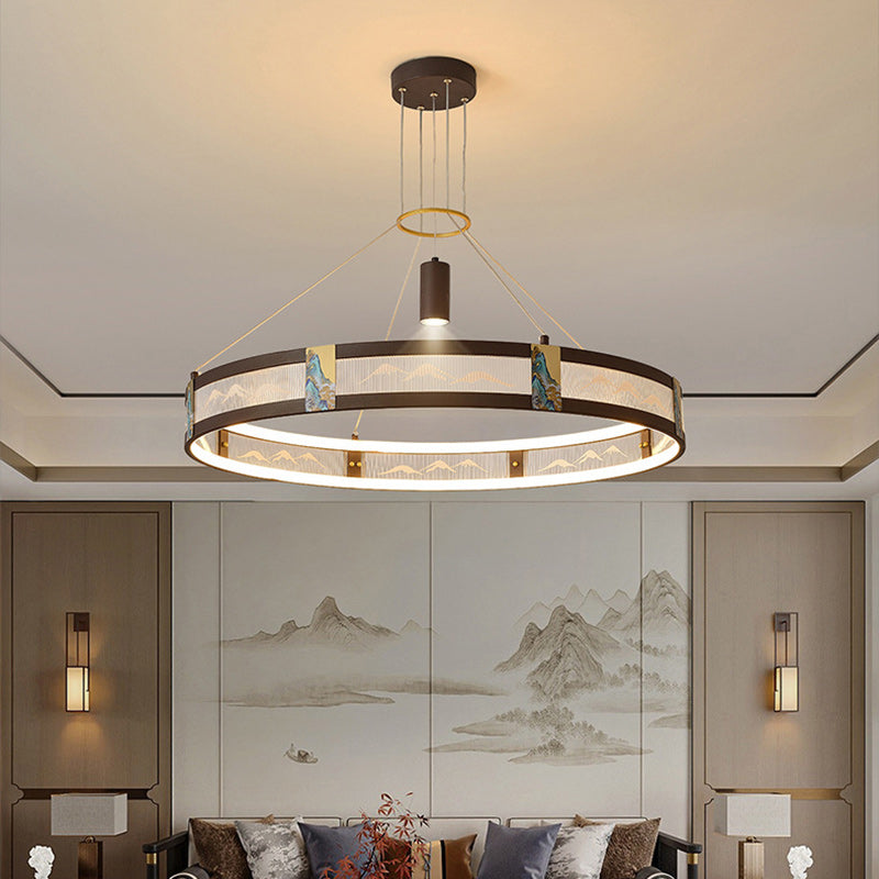 الثريات LED التقليدية الصينية المصنوعة من الحديد الأكريليكي والفولاذ المقاوم للصدأ والمطلية بالمينا المستديرة لغرفة المعيشة 