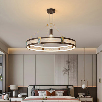 الثريات LED التقليدية الصينية المصنوعة من الحديد الأكريليكي والفولاذ المقاوم للصدأ والمطلية بالمينا المستديرة لغرفة المعيشة 