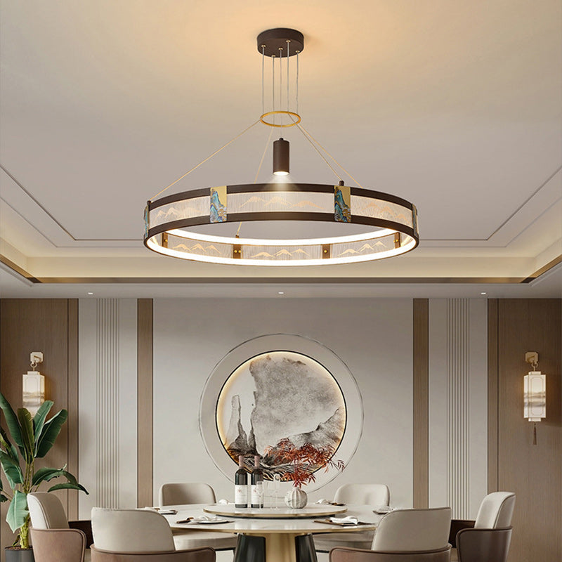 الثريات LED التقليدية الصينية المصنوعة من الحديد الأكريليكي والفولاذ المقاوم للصدأ والمطلية بالمينا المستديرة لغرفة المعيشة 