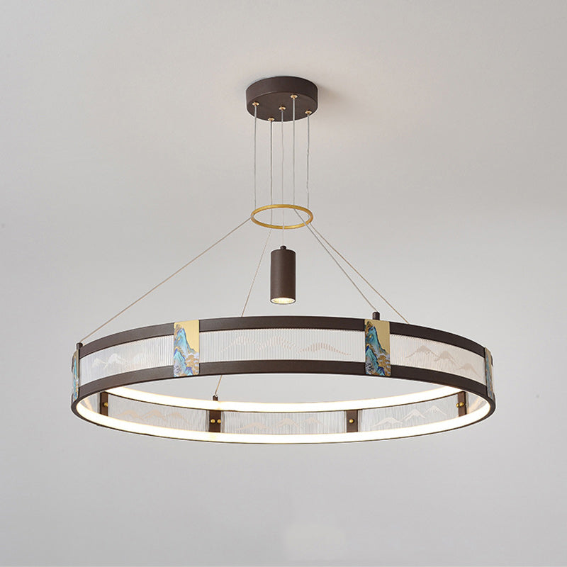 الثريات LED التقليدية الصينية المصنوعة من الحديد الأكريليكي والفولاذ المقاوم للصدأ والمطلية بالمينا المستديرة لغرفة المعيشة 