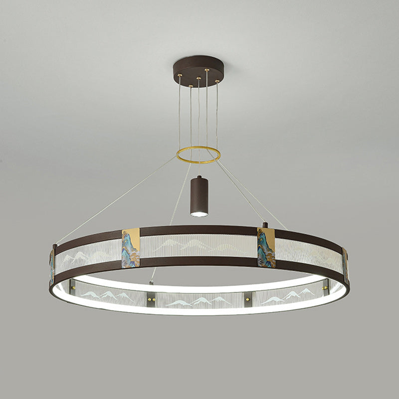 الثريات LED التقليدية الصينية المصنوعة من الحديد الأكريليكي والفولاذ المقاوم للصدأ والمطلية بالمينا المستديرة لغرفة المعيشة 