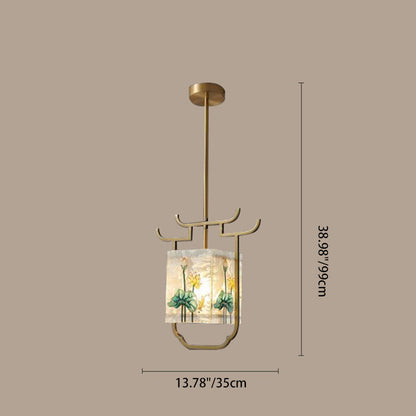 Traditional Chinese Copper Glass Enamel Painting Lotus Deer 1-Light Pendant Light For Bedside