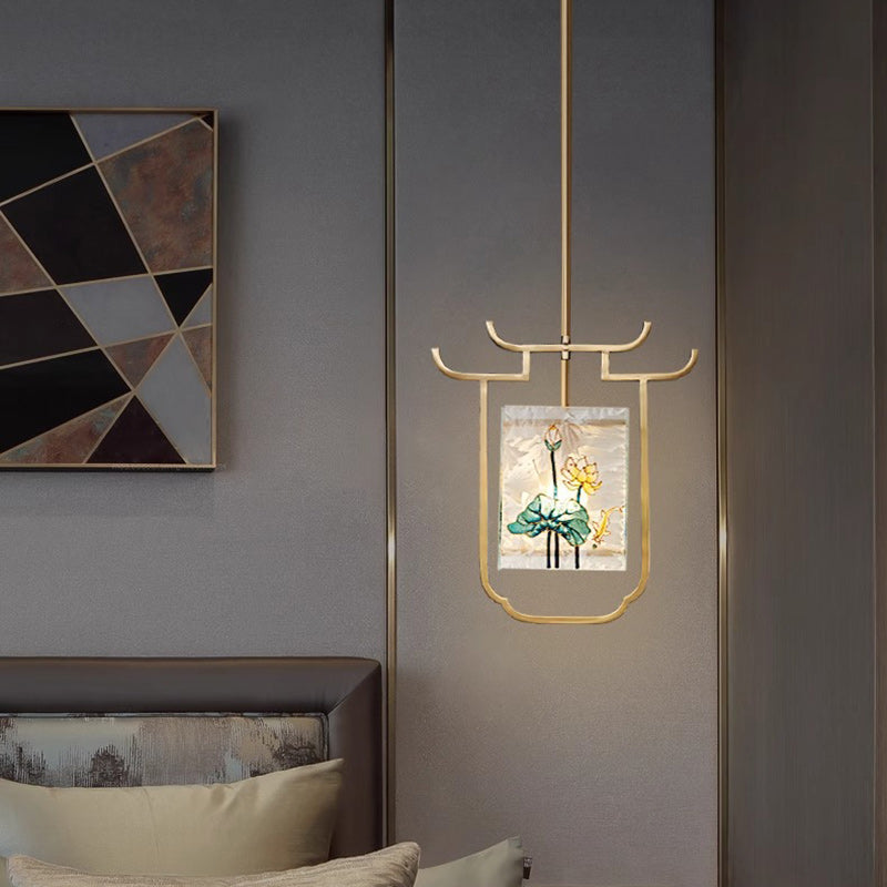 Traditional Chinese Copper Glass Enamel Painting Lotus Deer 1-Light Pendant Light For Bedside