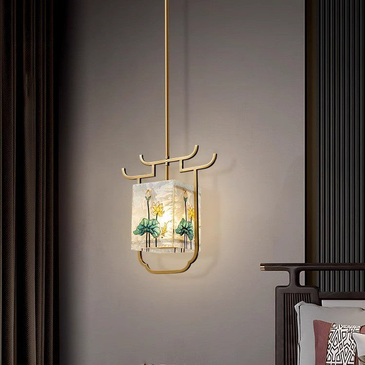 Traditional Chinese Copper Glass Enamel Painting Lotus Deer 1-Light Pendant Light For Bedside