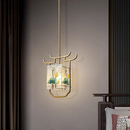 Traditional Chinese Copper Glass Enamel Painting Lotus Deer 1-Light Pendant Light For Bedside