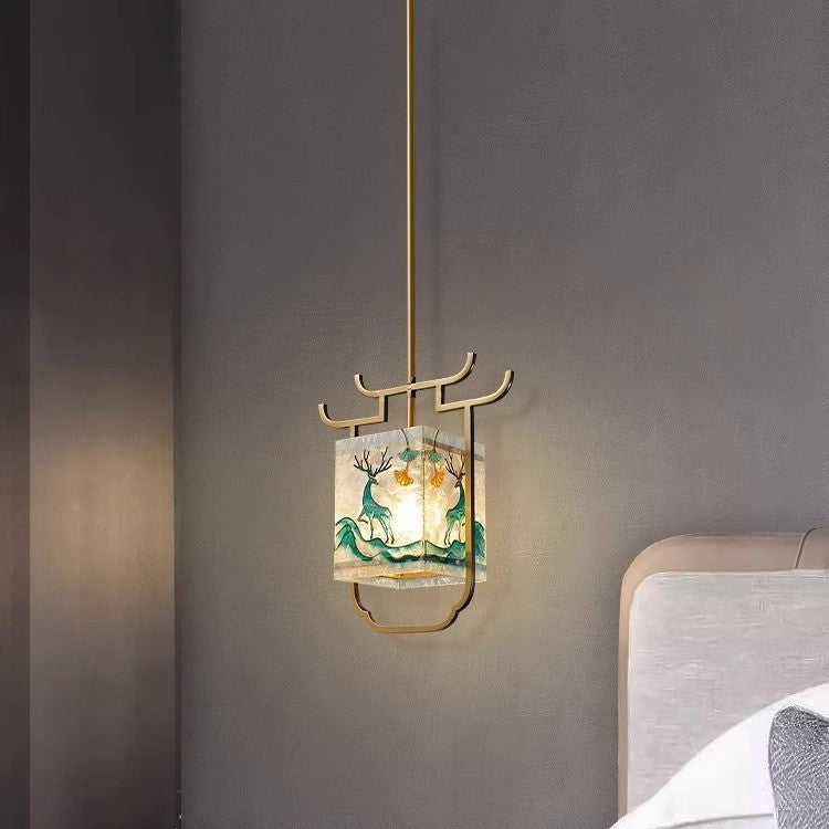 Traditional Chinese Copper Glass Enamel Painting Lotus Deer 1-Light Pendant Light For Bedside