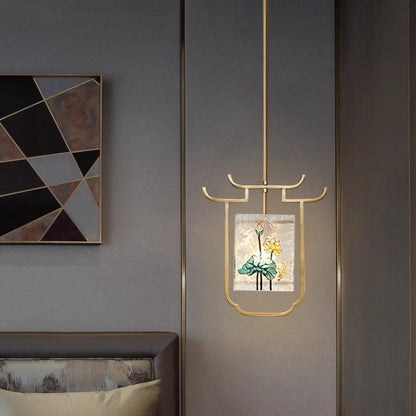 Traditional Chinese Copper Glass Enamel Painting Lotus Deer 1-Light Pendant Light For Bedside