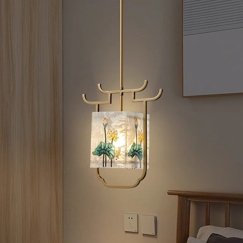 Traditional Chinese Copper Glass Enamel Painting Lotus Deer 1-Light Pendant Light For Bedside