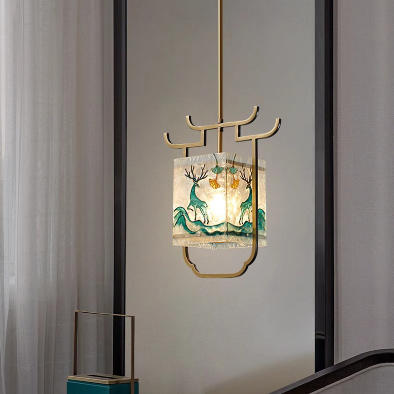 Traditional Chinese Copper Glass Enamel Painting Lotus Deer 1-Light Pendant Light For Bedside