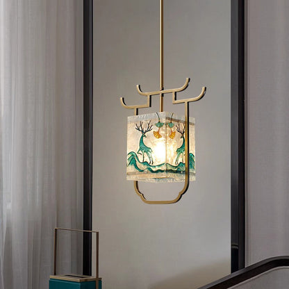 Traditional Chinese Copper Glass Enamel Painting Lotus Deer 1-Light Pendant Light For Bedside