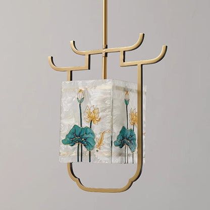 Traditional Chinese Copper Glass Enamel Painting Lotus Deer 1-Light Pendant Light For Bedside