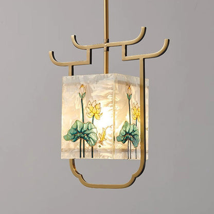 Traditional Chinese Copper Glass Enamel Painting Lotus Deer 1-Light Pendant Light For Bedside