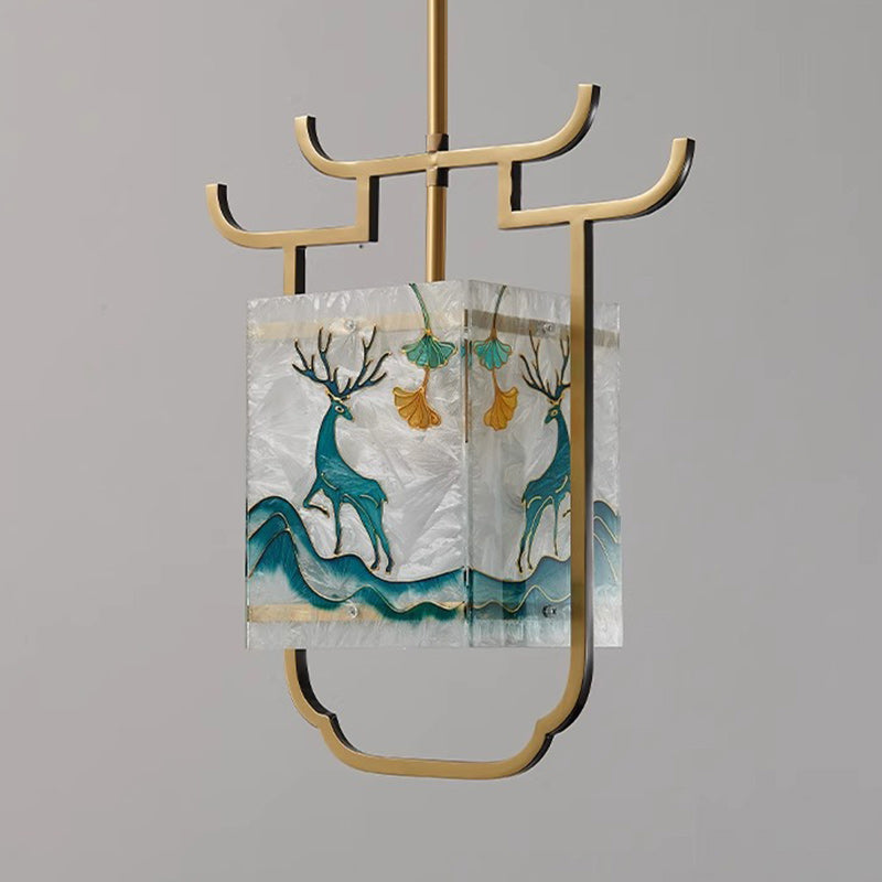 Traditional Chinese Copper Glass Enamel Painting Lotus Deer 1-Light Pendant Light For Bedside