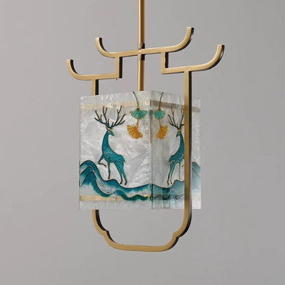 Traditional Chinese Copper Glass Enamel Painting Lotus Deer 1-Light Pendant Light For Bedside