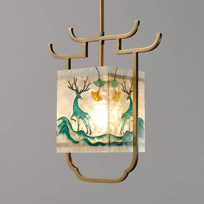 Traditional Chinese Copper Glass Enamel Painting Lotus Deer 1-Light Pendant Light For Bedside