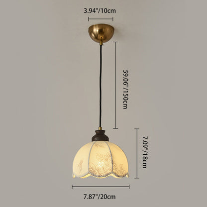 Traditional French Wood Iron Fabric Dome Flower Pattern 1/3 Light Pendant Light For Dining Room