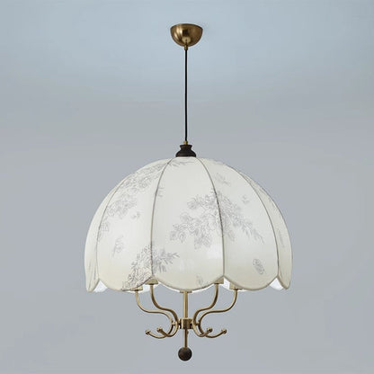 Traditional French Wood Iron Fabric Dome Flower Pattern 4/5 Light Chandeliers For Dining Room