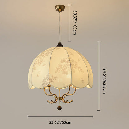 Traditional French Wood Iron Fabric Dome Flower Pattern 4/5 Light Chandeliers For Dining Room